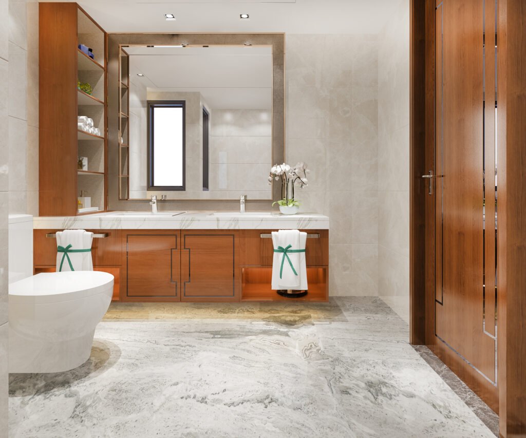 3d rendering modern design marble tile toilet bathroom with shelf